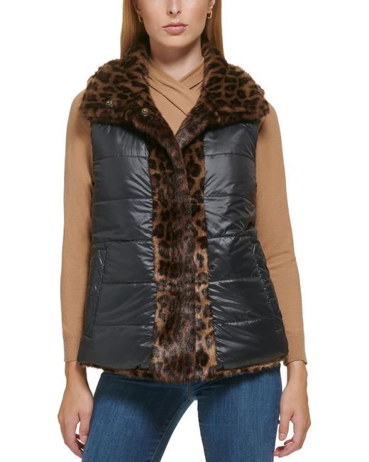 Donna Karan Black Faux Fur Reversible Vest