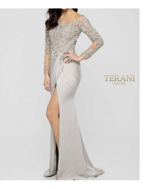 Terani Gray Long Sleeve Gown