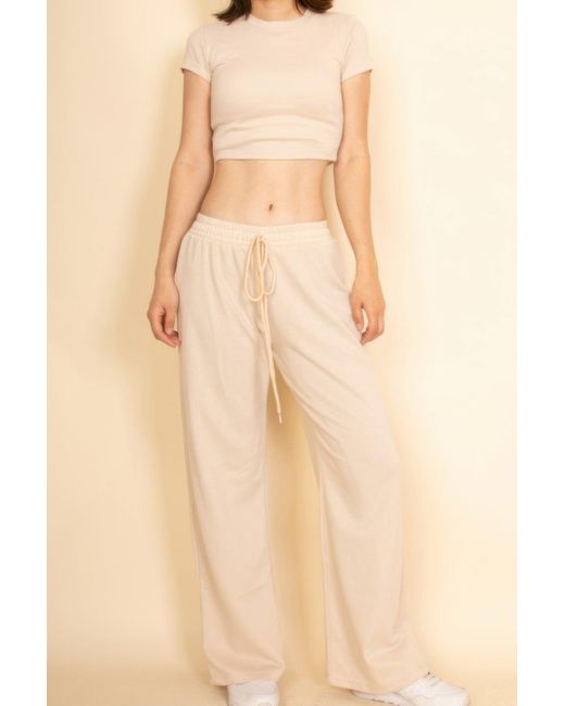 TRUEDAMES Natural 2-Piece Crop Tee & Wide Leg Lounge Pants Set