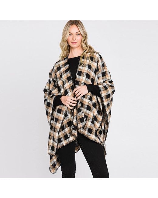 TRUEDAMES Black Plaid Check Patterned Ruana Poncho