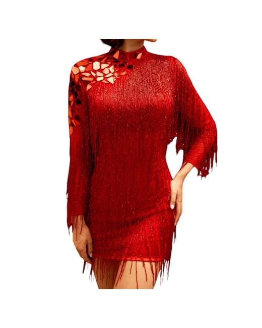 Primavera High Neck Beaded Fringe Cocktail Dress in Red | Lyst