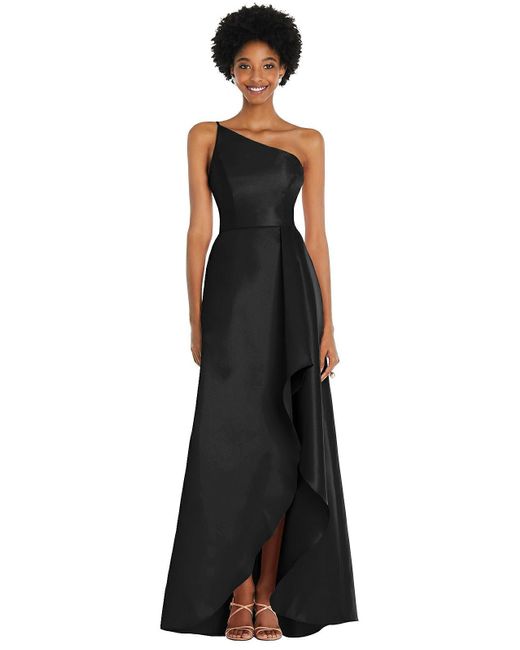 Alfred Sung Black One-shoulder Satin Gown With Draped Front Slit And Pockets