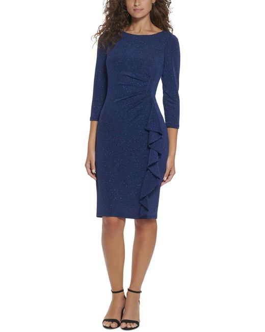 Jessica Howard Blue Gathered Knee Length Cocktail And Party Dress