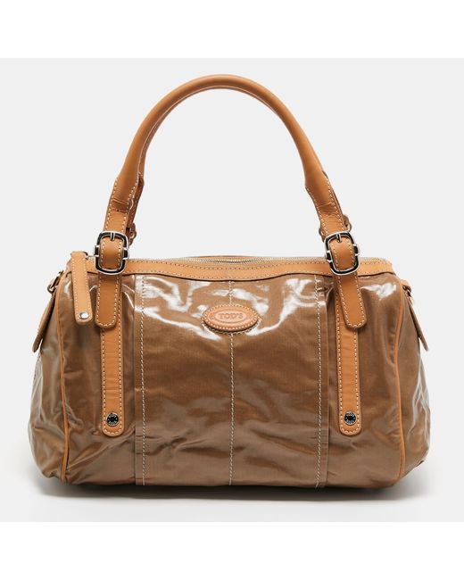 Tod's Brown /beige Coated Canvas And Leather G-bag Easy Sacca Satchel