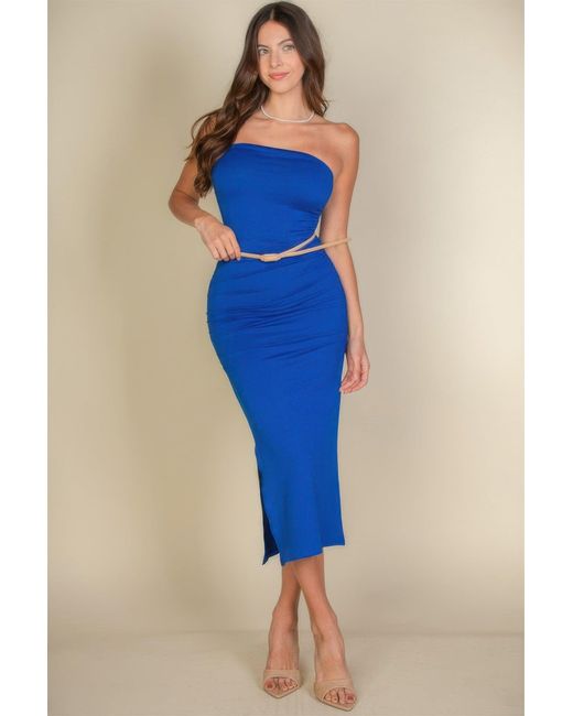 TRUEDAMES Blue Solid Bodycon Split Hem Tube Dress