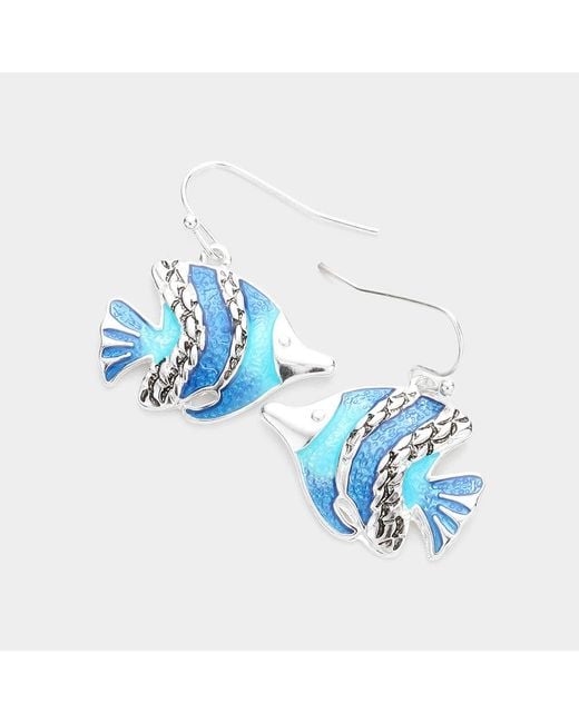 Fashnzfab Women's Blue Enamel Antique Metal Fish Dangle Earrings