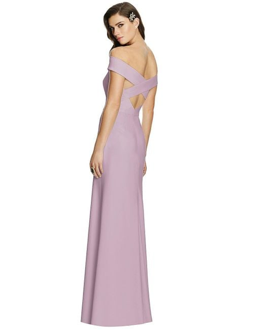 Dessy Collection Purple Off-the-shoulder Straight Neck Dress With Criss Cross Back