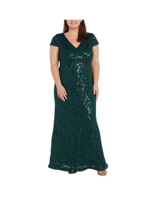 R & M Richards Green Plus Sequined Long Evening Dress
