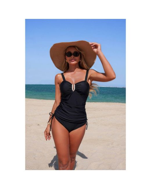 TRUEDAMES Blue Two Pieces Solid Drawstring Padded Tankini Sets