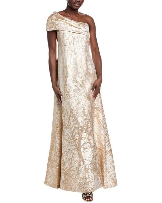 Teri Jon Natural One-Shoulder Jacquard Gown
