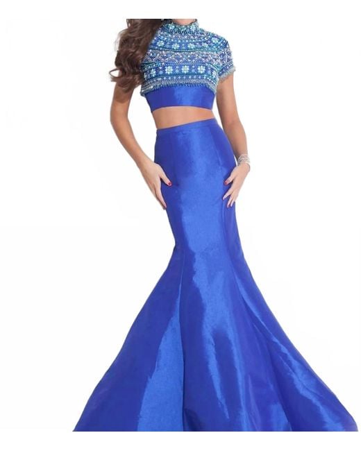 Rachel Allan Blue Two-Piece Beaded Taffeta Mermaid Prom Gown