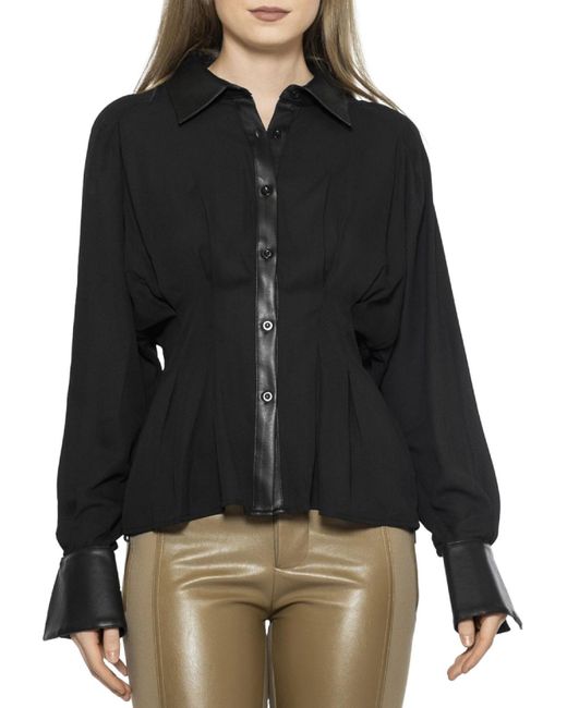 Gracia Sheer Faux Leather Trim Button-down Top in Black | Lyst
