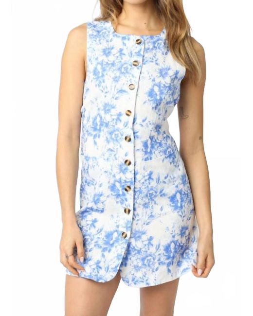 Olivaceous Blue Toile Floral Buttons Dress