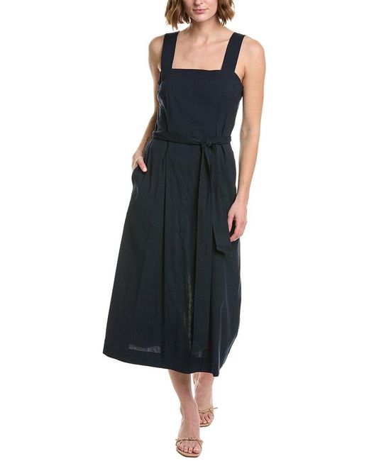 Vince Black Belted Square Neck Linen-blend Midi Dress