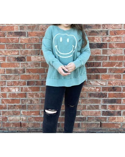 Easel Blue Smiley Face Printed Mineral Washed Sweatshirt