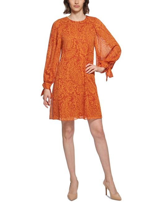 Calvin Klein Orange Tie Sleeve Polyester Shift Dress