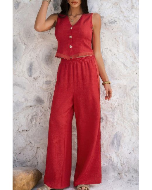 TRUEDAMES Red Solid Two Pieces Button Lace Hem Long Sets