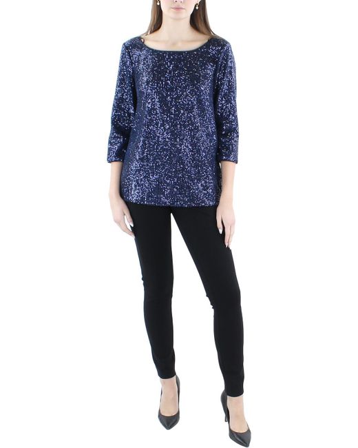 Alex Evenings Blue Sequined 3/4 Sleeve Blouse