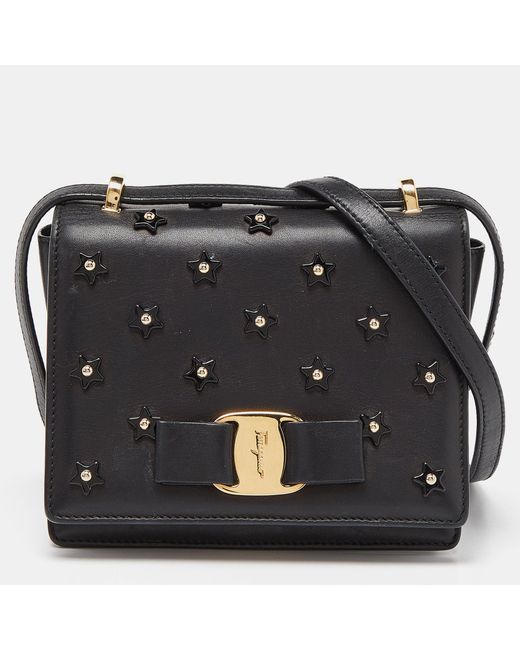 Ferragamo Black Leather Vara Bow Embellished Crossbody Bag
