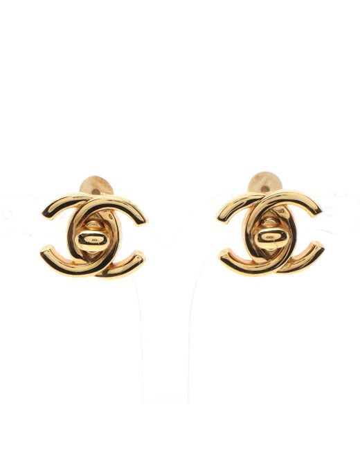 Chanel Metallic Coco Mark Turn Lock Earrings Gp Gold 96p