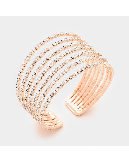 Fashnzfab Pink 7Rows Split Layered Rhinestone Cuff Bracelet Clear, Rose