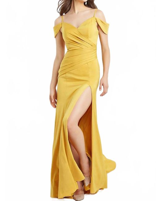 Jovani Yellow Cold Shoulder Pleated Prom Dress