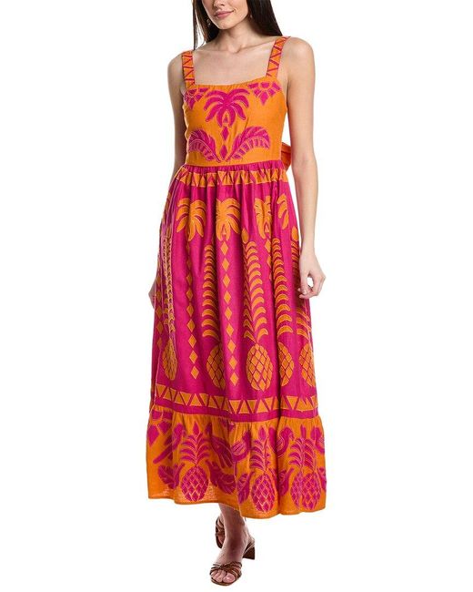 Farm Rio Red Pineapple Love Cutwork Linen-blend Maxi Dress