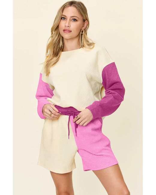 TRUEDAMES Pink Full Size Contrast Drop Shoulder Top And Shorts Set