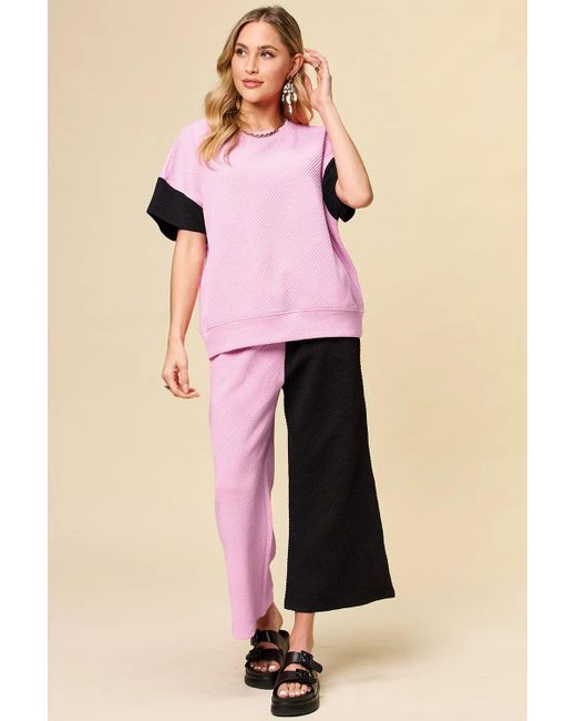 TRUEDAMES Pink Full Size Texture Contrast T-Shirt And Wide Leg Pants Set