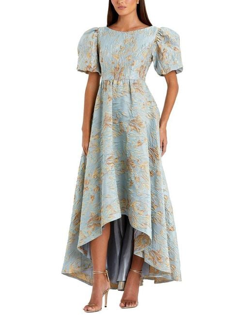 Mac Duggal Green Brocade Puff Sleeve High Low Gown