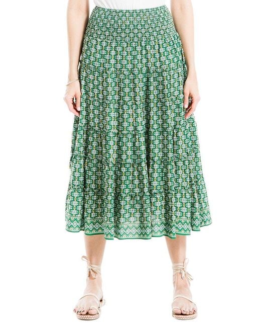 Max Studio Green Printed Midi Smocked Waist Tiered Skirt