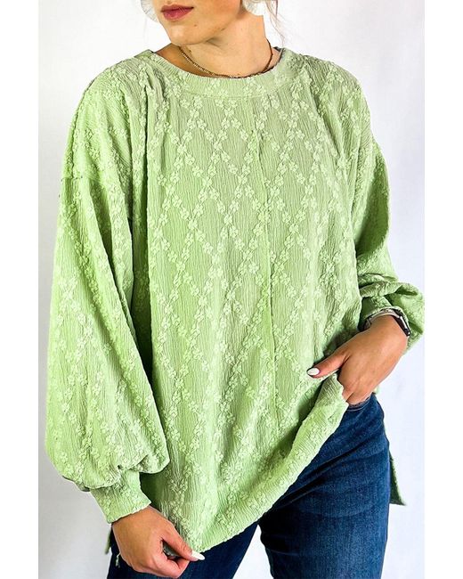 TRUEDAMES Green Light Solid Color Textu Side Split Crew Neck Blouse