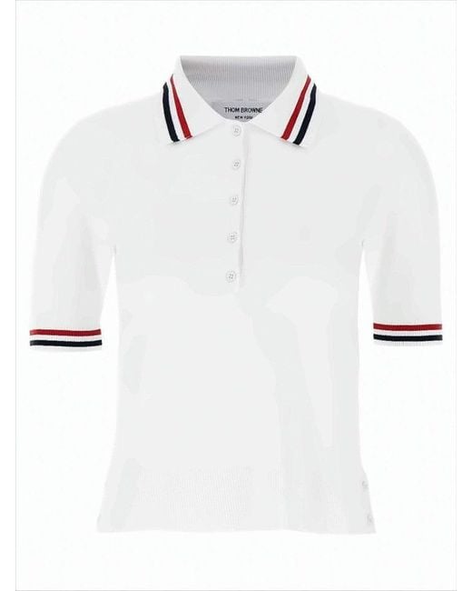 Thom Browne White Short-Sleeved Polo Shirt With Button Placket And Striped Accents