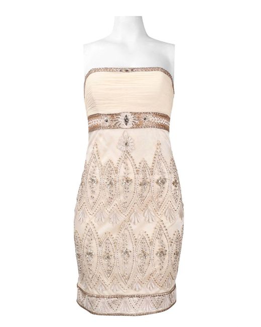 Sue Wong Natural Strapless Ruched Embellished Empire Dress