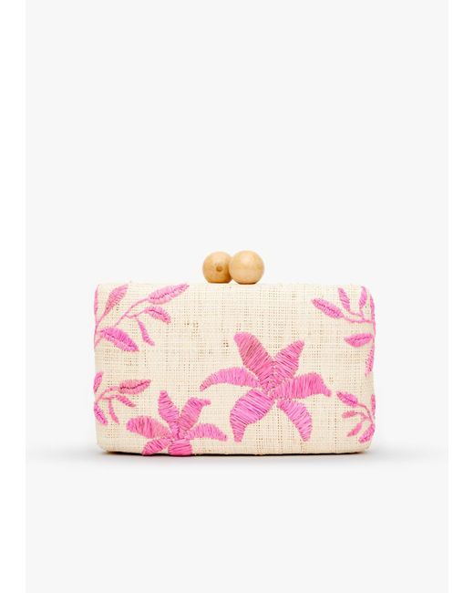 Kayu Pink Sierra Embroidered Straw Clutch Bag