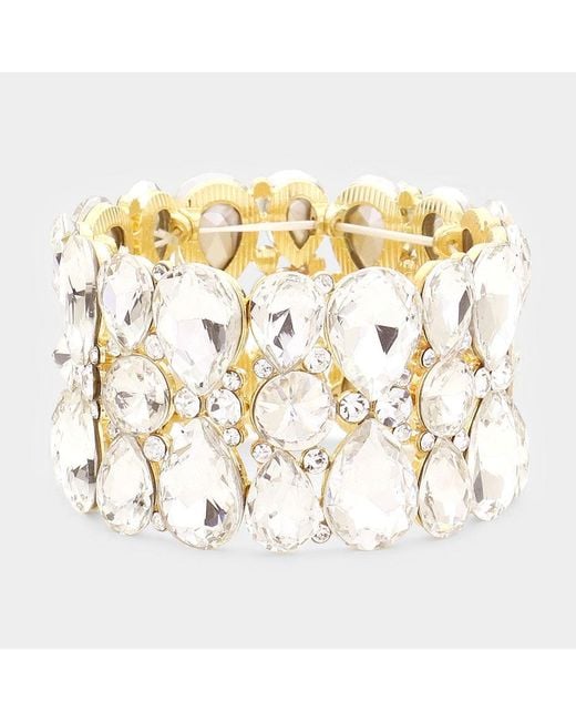 Fashnzfab Metallic Teardrop Crystal Stretch Evening Bracelet Clear