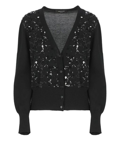 Fabiana Filippi Black V-Neck Wool Blend Cardigan With Front Sequins Detail