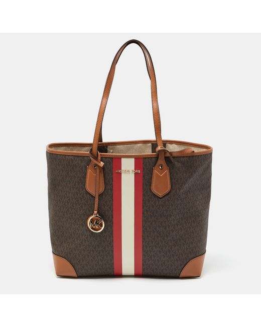 Michael Kors Brown Signature Coated Canvas And Leather Large Logo Stripe Eva Tote