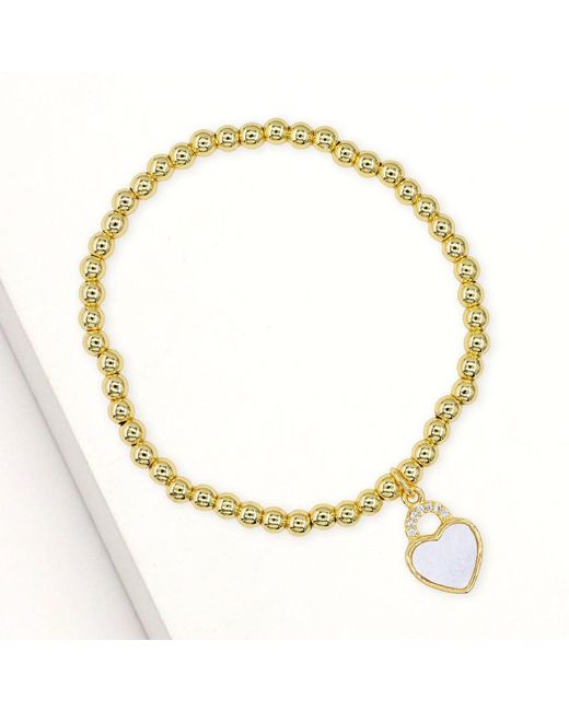Fashnzfab Metallic Stainless Steel Cz Stone Accent Mother Of Pearl Heart Charm Stretch Bracelet, Mother Of Pearl