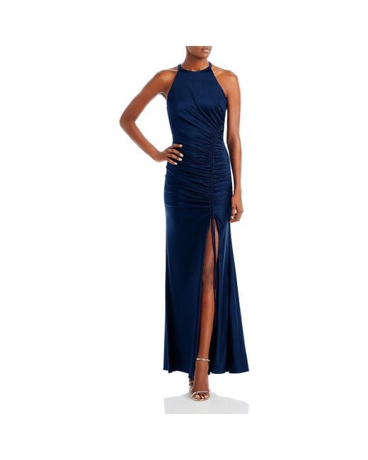 Aqua Blue Ruched Halter Evening Dress