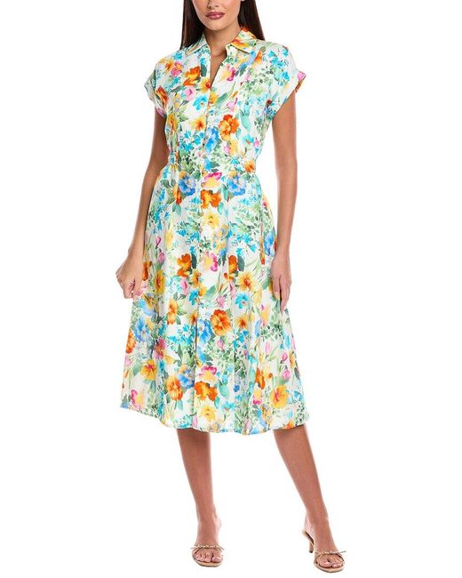 Tahari White Linen-Blend Midi Dress