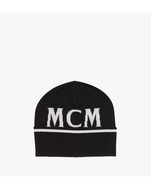 MCM Black Intarsia Logo Wool Beanie for men