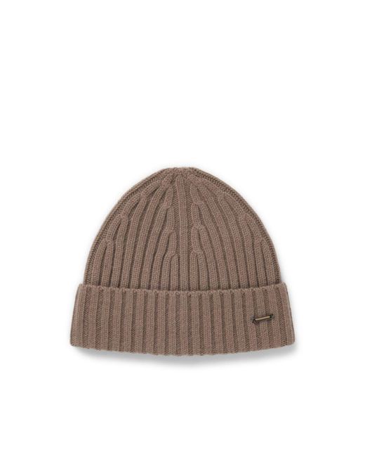 Boss Brown Cashmere Beanie Hat With Ribbing for men