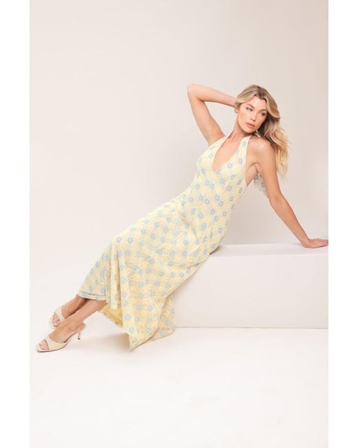 TRUEDAMES Women's Natural Delicate Bloom Halter Woven Lace Midi Dress