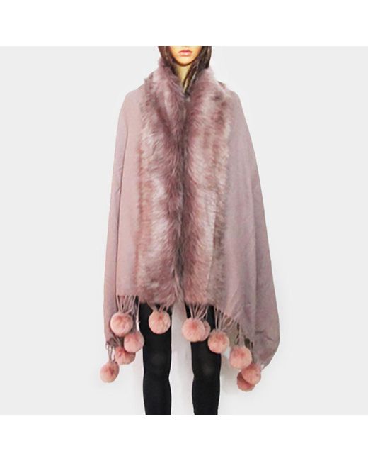 TRUEDAMES Pink Faux Fur Trim Pom Pom Dangle Poncho