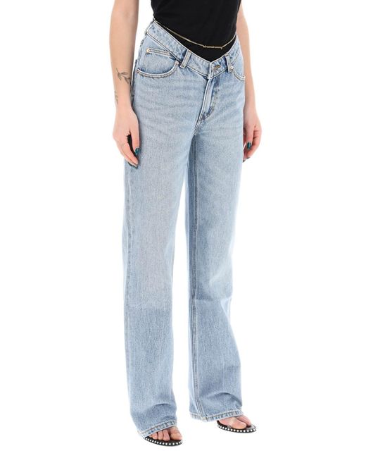 Alexander Wang Blue Asymmetric Waist Jeans With Chain Detail.