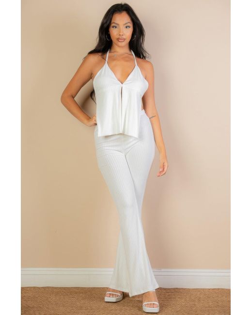 Fashnzfab Natural Split Front Backless Halter Top & Flare Pants Set