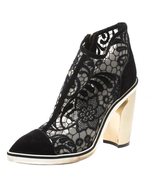 Nicholas Kirkwood Black Suede And Embroidered Mesh Block Heel Ankle Boots