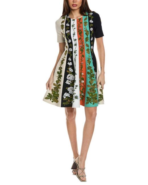 Oscar de la Renta Green Botanical Stripe Jacquard A-line Dress