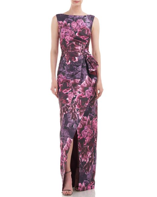Kay Unger Purple Floral Cascade Ruffle Evening Dress